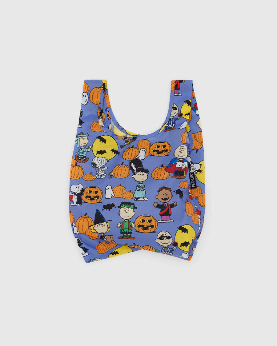 blue baby baggu with the peanuts characters dress in various halloween costumes and surrounded by pumpkins/jack o'lanterns