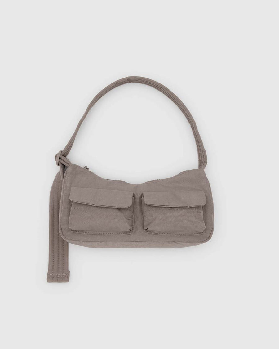 taupe cargo shoulder bag with two front patch pockets in the front