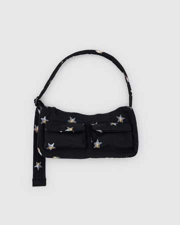 black cargo shoulder bag with silver metallic star print