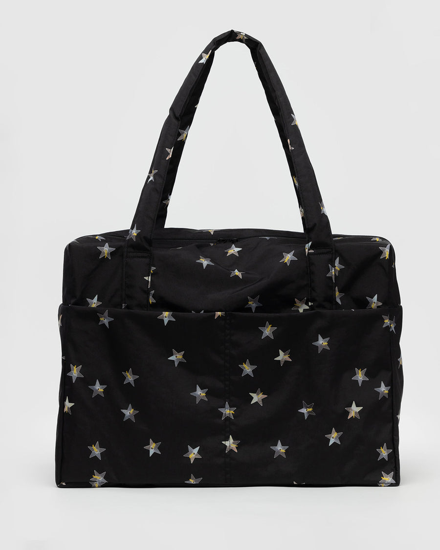 black baggu cloud carry on bag with silver metallic star print