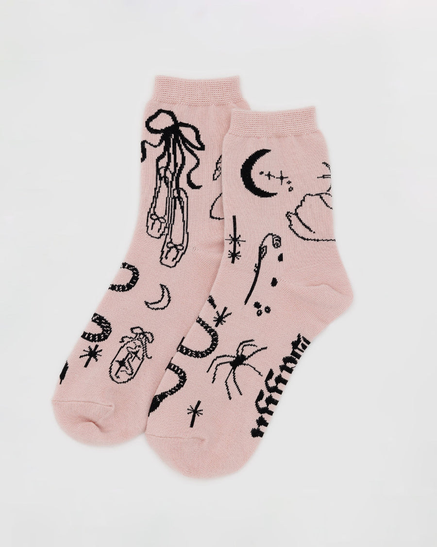 pink socks with black ballet icons print