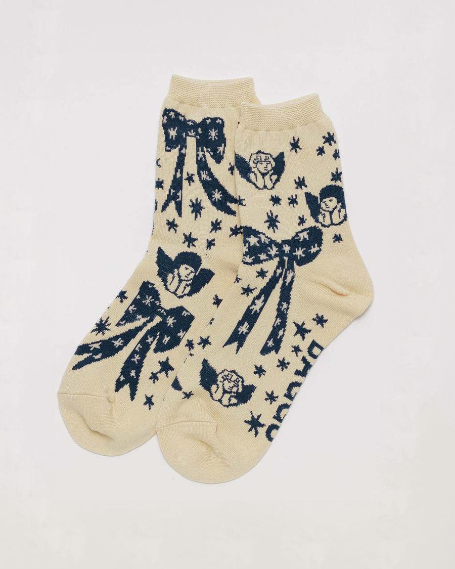 cream crew socks with navy cherub and bow print