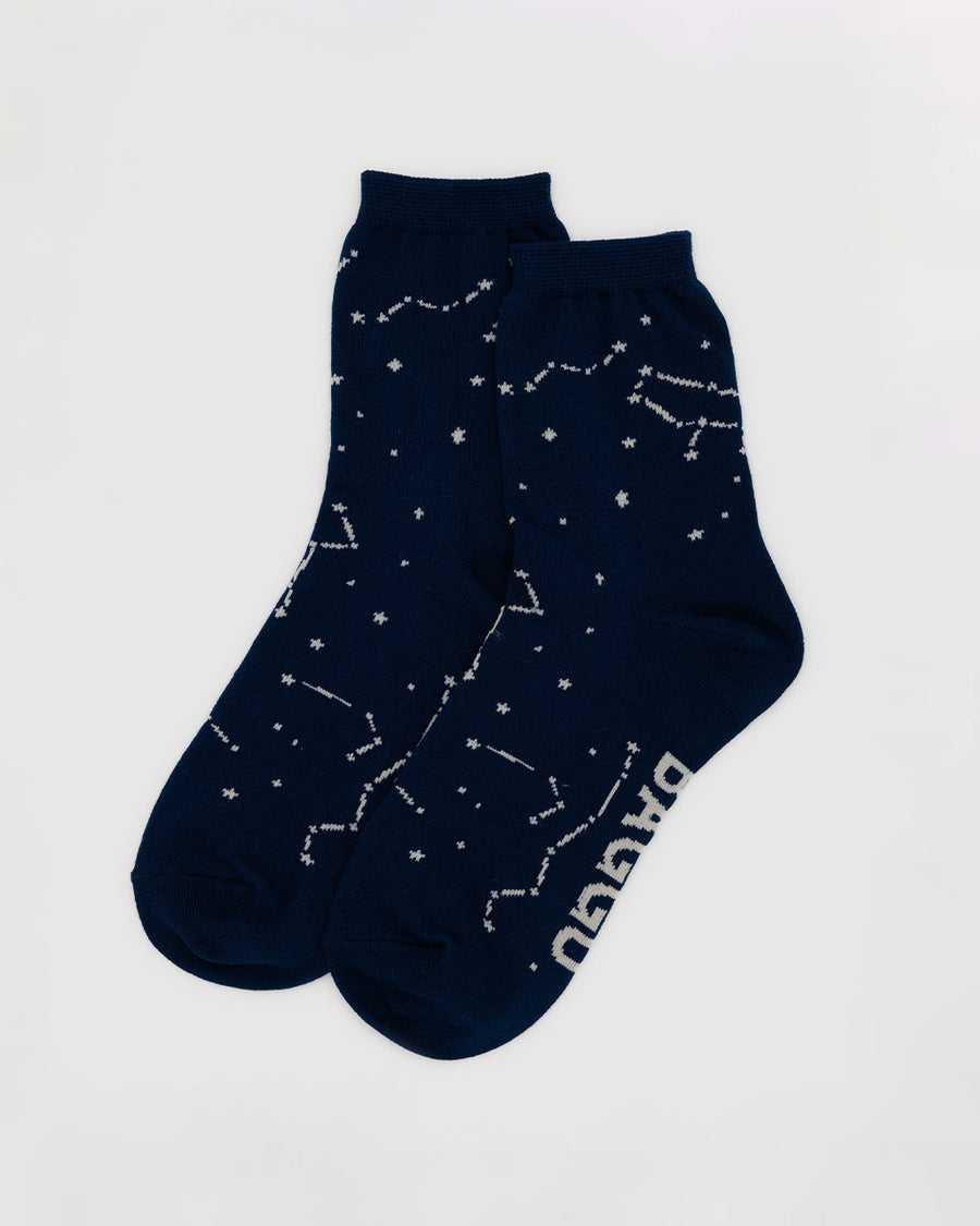 dark blue crew socks with white constellation print