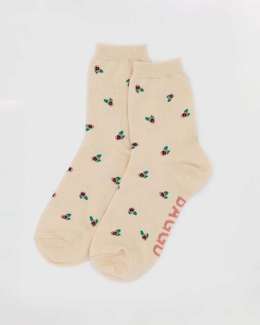 cream crew socks with dainty pink flowers