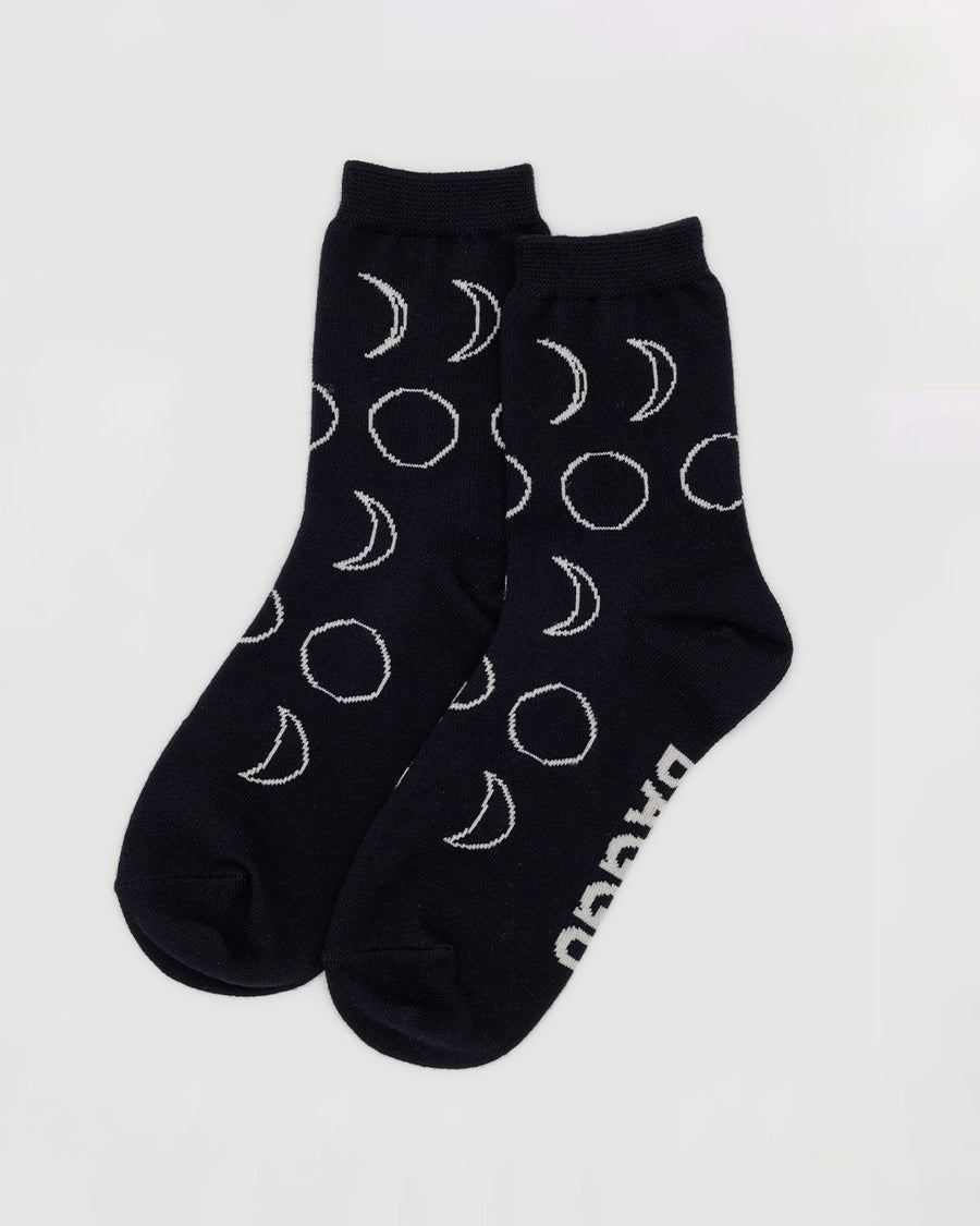 black crew socks with white moon phase print