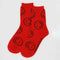 red crew socks with all over brown smiley face print