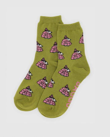 avocado green crew socks with snoopy in a pink puffer coat