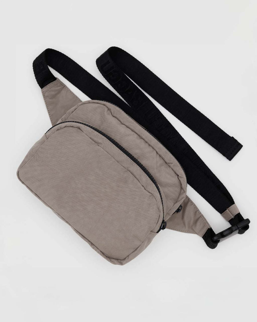 taupe fanny pack with black adjustable strap