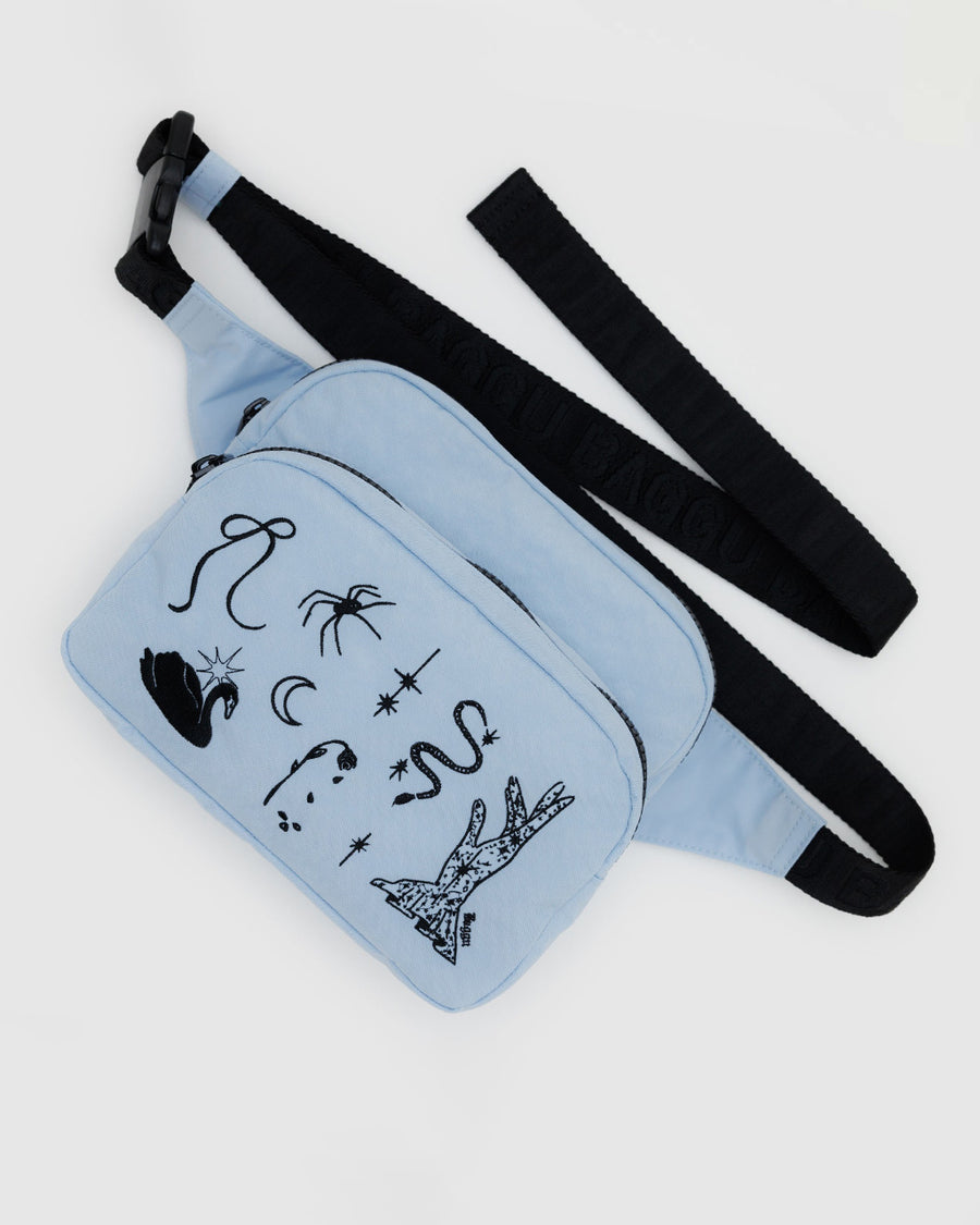 light blue fanny pack with black embroidered ballet icons