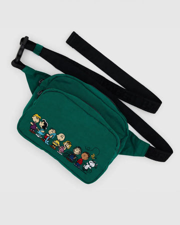 green fanny pack with the peanuts characters across the front