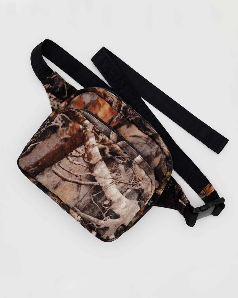 realistic tree and leaf print fanny pack with black adjustable strap