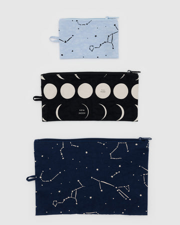 set of three flat pouch set: light blue constellation, black moon phases and navy constellation