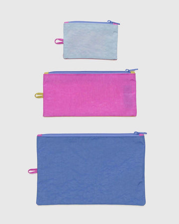 set of three flat pouch in light blue, hot pink, and periwinkle