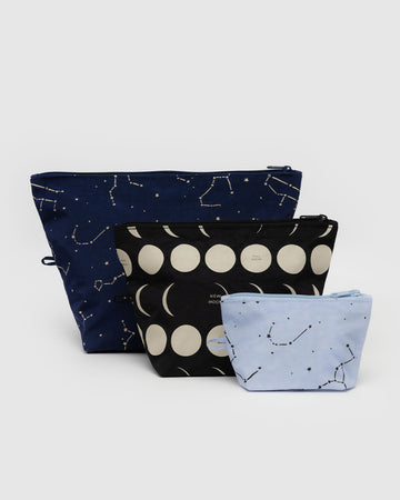 set of three go pouch set: light blue constellation, black moon phases and navy constellation