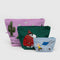 set of three peanuts go pouch set: light blue charlie kite, medium: green snoopy in a puffer coat, and large: pink desert spike print