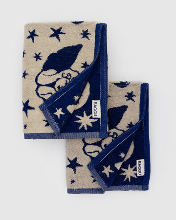 set of two hand towels with double sided blue and cream cherub print