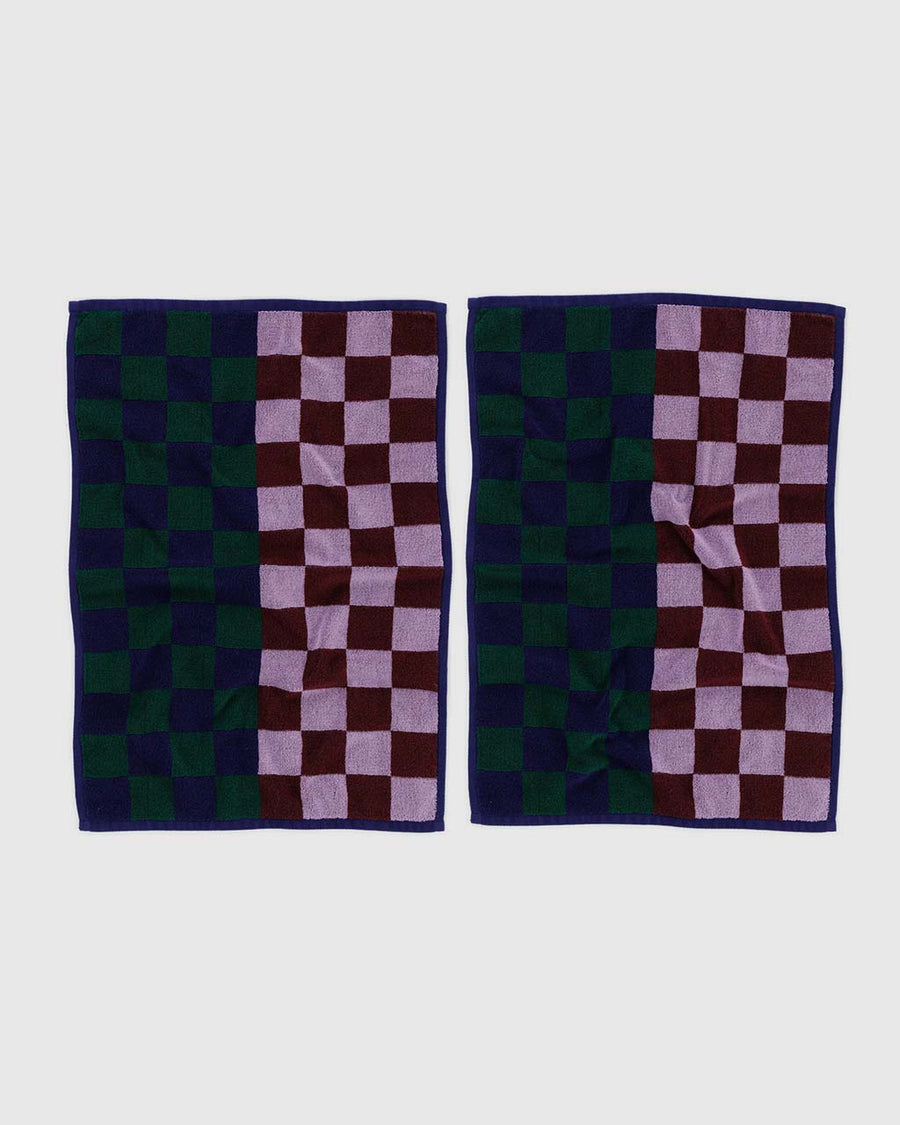 set of two double sides hand towels with lavender and brown checker and dark green and navy checkers