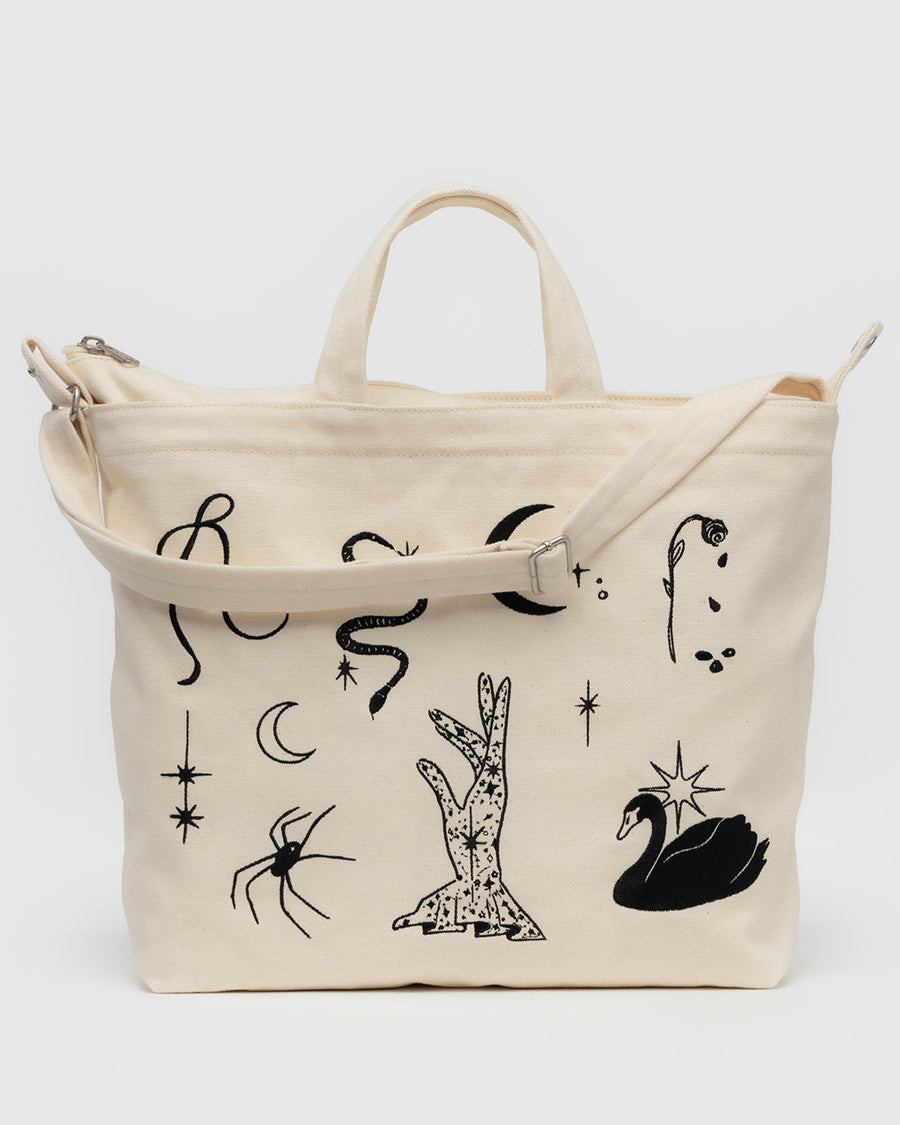 cream horiztonal zip bag with black embroidered ballet icons design