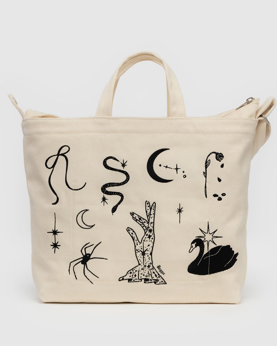 cream horiztonal zip bag with black embroidered ballet icons design