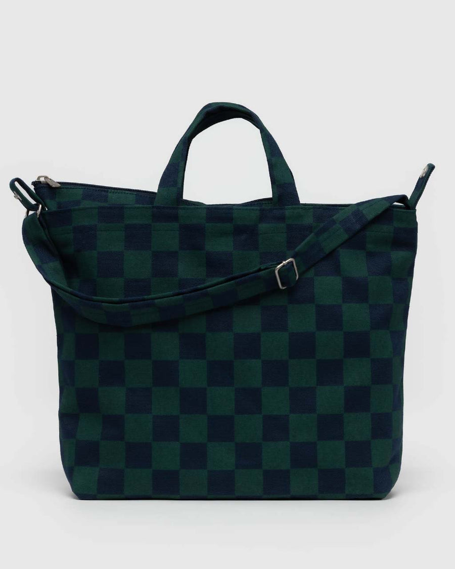 navy and dark green horizontal zip duck bag