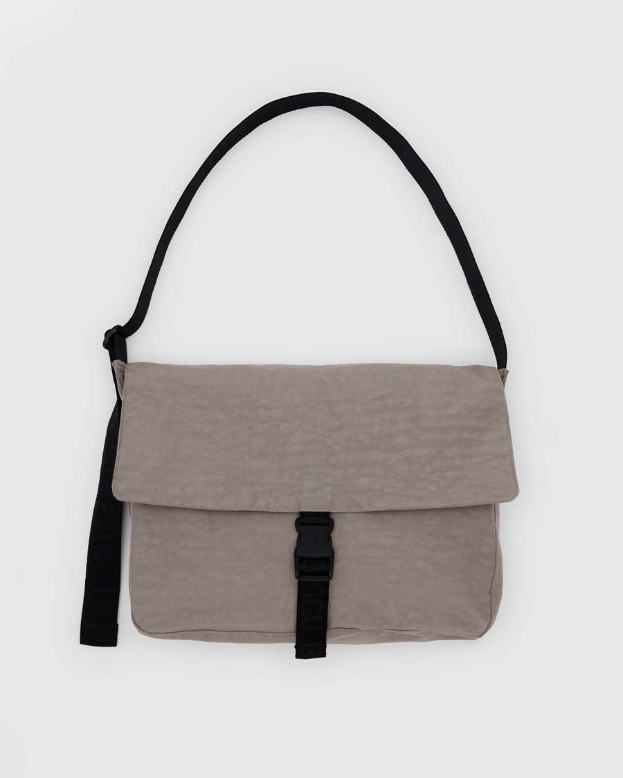 taupe large messenger bag with black strap and closure 