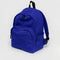 large bright blue nylon backpack with two front zipper compartments and drink holder on the side