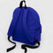 back view of large bright blue nylon backpack with two front zipper compartments and drink holder on the side