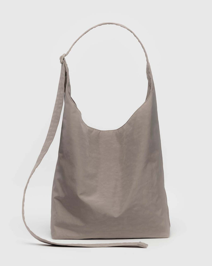 large taupe nylon sling bag with adjustable strap