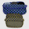 set of two large packing cubes: olive/navy checker and bright blue/dark green checker with items inside