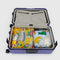 set of two large packing cube set: light blue abstract cat and yellow abstract pastries inside a suitcase