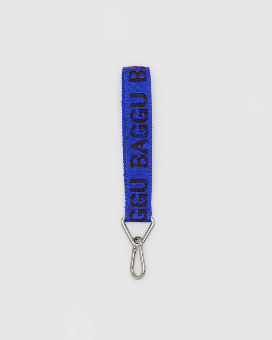 cobalt keychain with dark blue 'baggu' font 