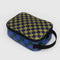 lunch box with olive/navy checker and dark green and bright blue checker with black trim