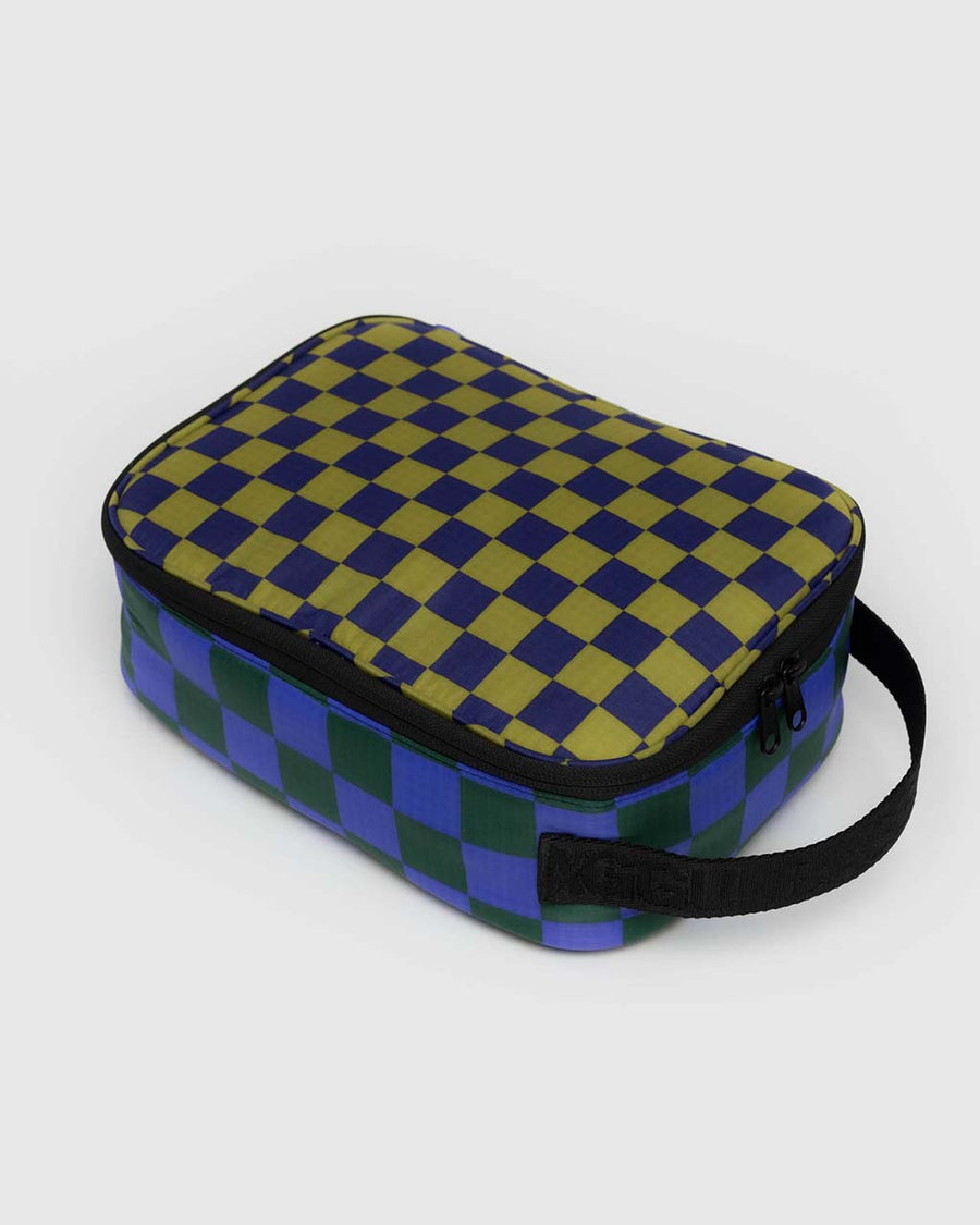 lunch box with olive/navy checker and dark green and bright blue checker with black trim