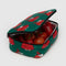 green lunch box with snoopy in a red puffer coat with red food inside