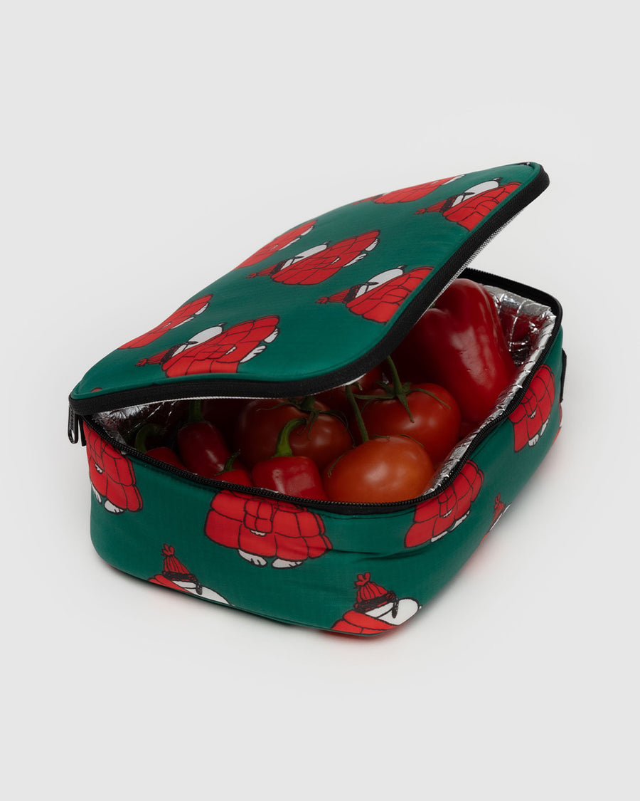 green lunch box with snoopy in a red puffer coat with red food inside