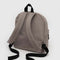 back view of taupe medium nylon backpack with large zipper compartment, front zipper pocket, and side drink holder