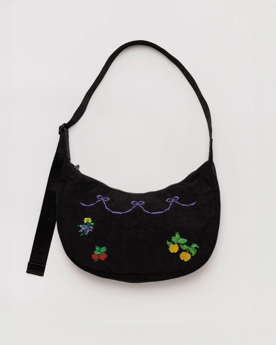 black and colorful cross stitch medium crescent bag