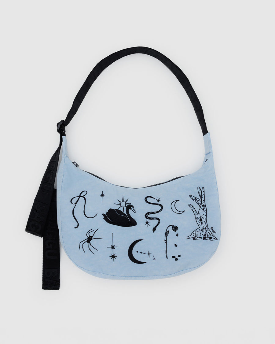 light blue medium crescent bag with black embroidered ballet icons 