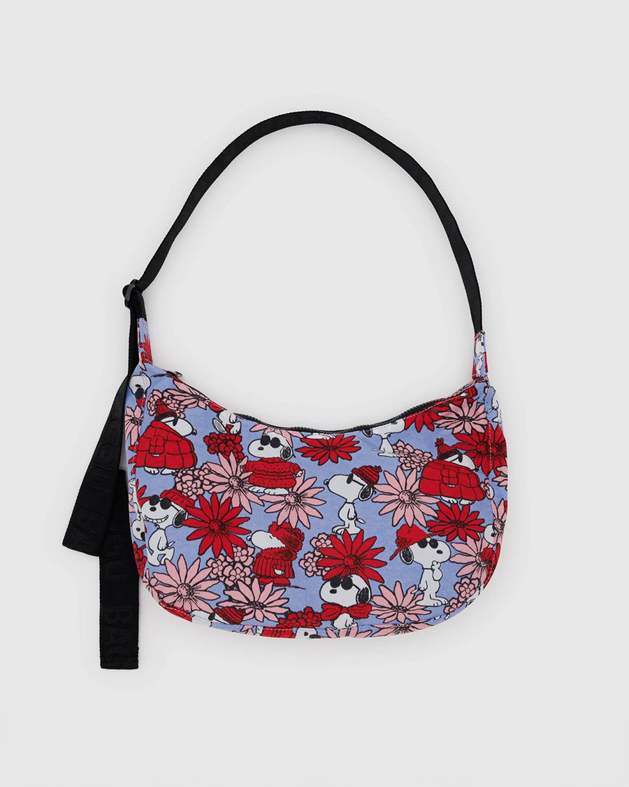 periwinkle medium crescent bag with joe cool and floral print