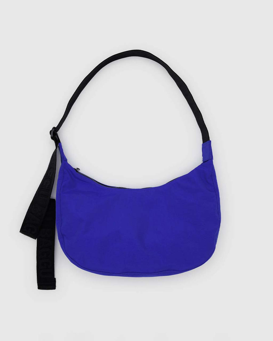 bright blue medium nylon crescent bag with black strap