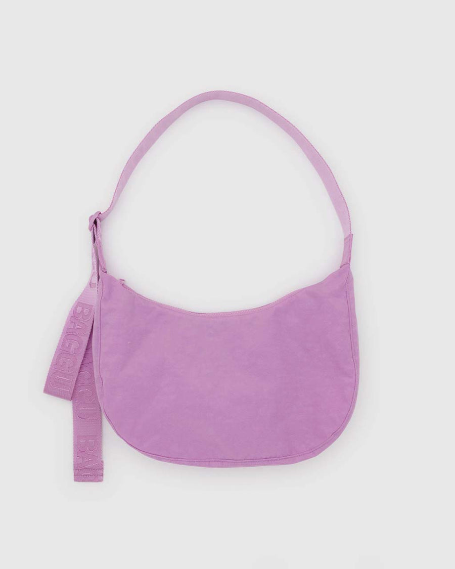 peony pink medium nylon crescent bag with tonal strap