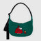 dark green medium crescent bag with snoopy and woodstock in a red puffer coat and hat