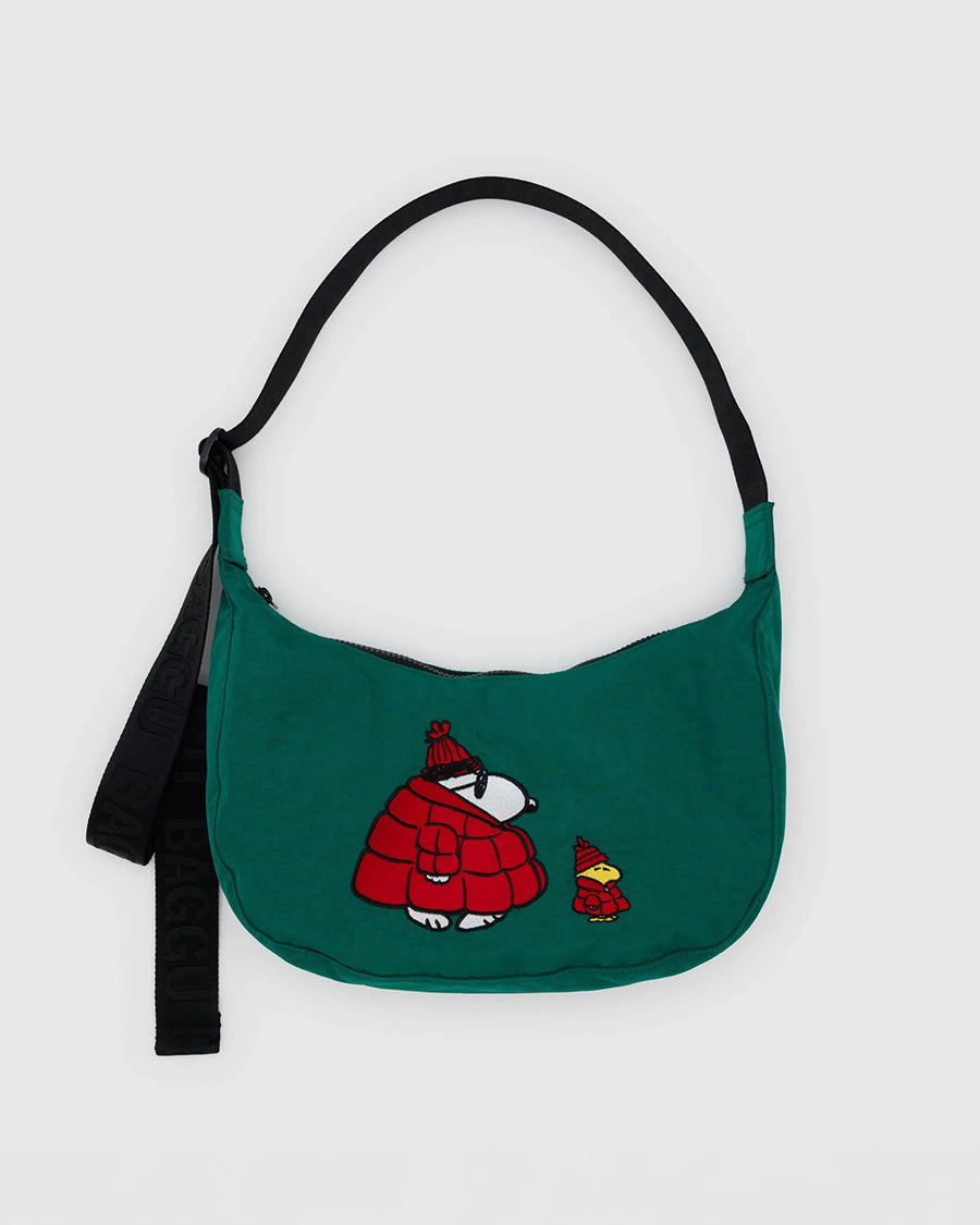 dark green medium crescent bag with snoopy and woodstock in a red puffer coat and hat