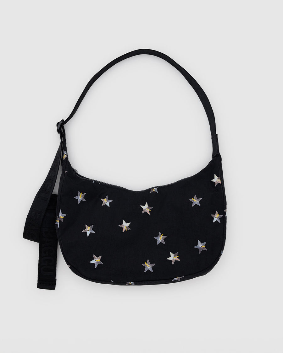 black medium crescent bag with metallic star print