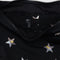 up close of zipper of black medium crescent bag with metallic star print