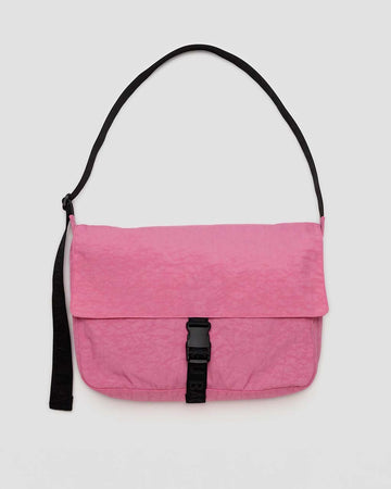 bubblegum pink nylon messenger bag