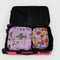 set of two packing cube sets: periwinkle snoopy floral and pink spike desert print in suitcase