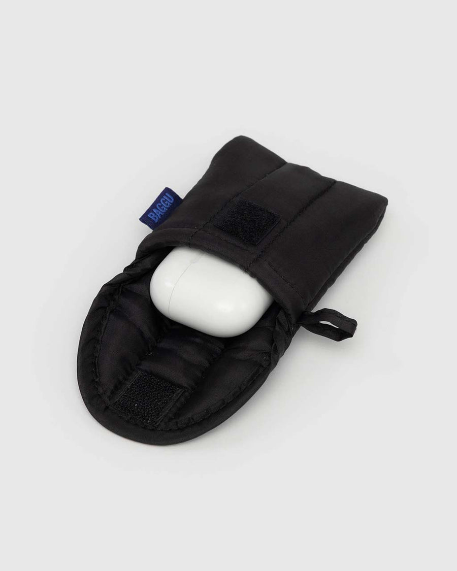 black puffy earbuds case with earbuds inside