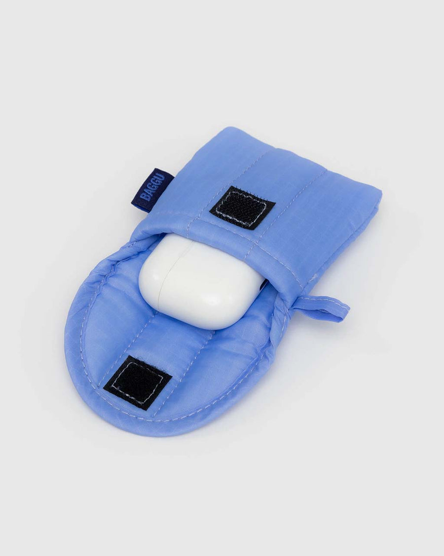 cornflower puffy earbuds case with earbuds inside