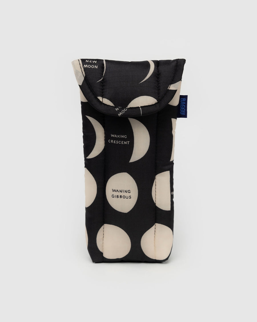 black puffy glasses sleeve with cream moon phase print